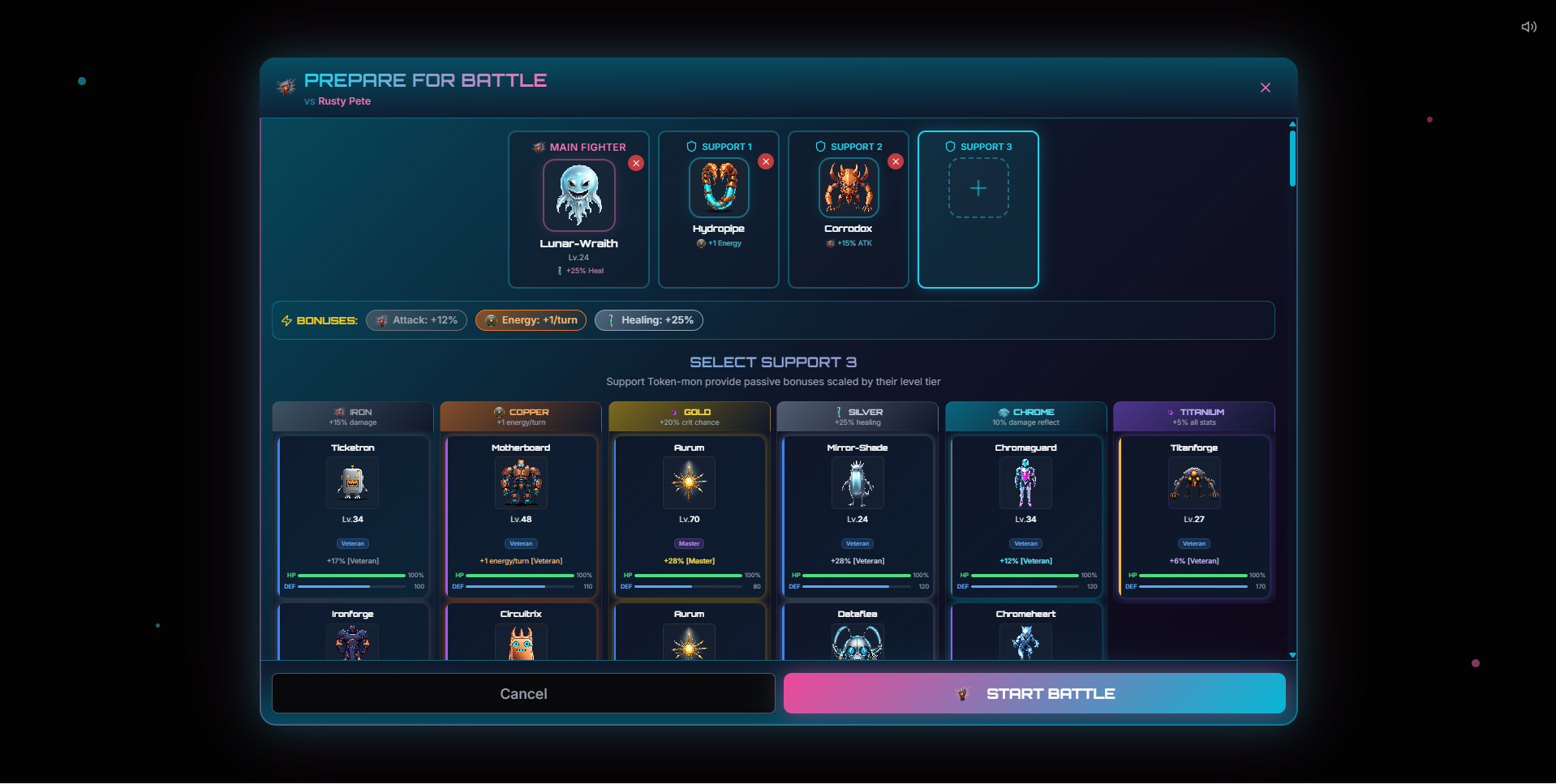 Token-mon team building screen